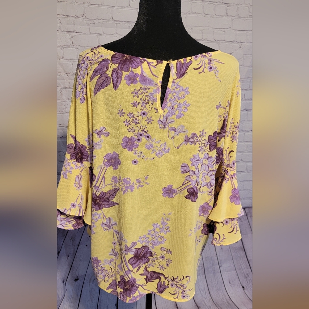 Women’s Yellow Floral Print Top with Purple Flowers - Picture 2 of 3